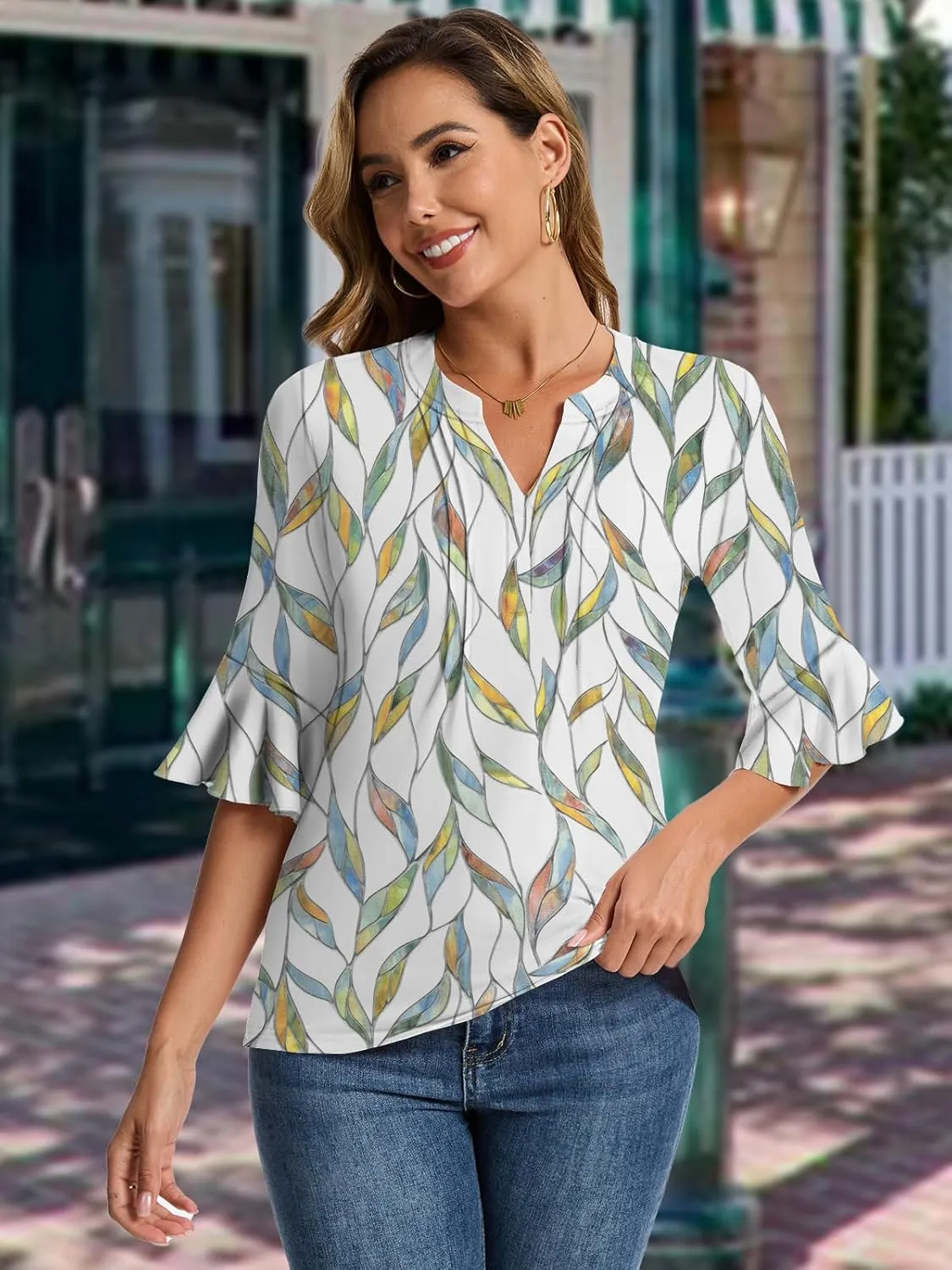 Womens 3/4 Sleeve Tops Shirts for Women Spring Fashion Clothes Trendy Summer Blouses S-XXL