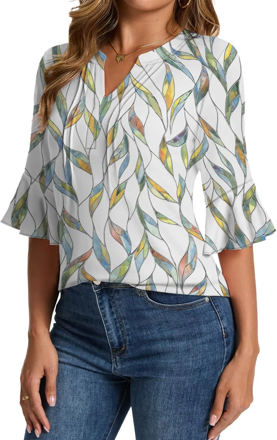 Womens 3/4 Sleeve Tops Shirts for Women Spring Fashion Clothes Trendy Summer Blouses S-XXL
