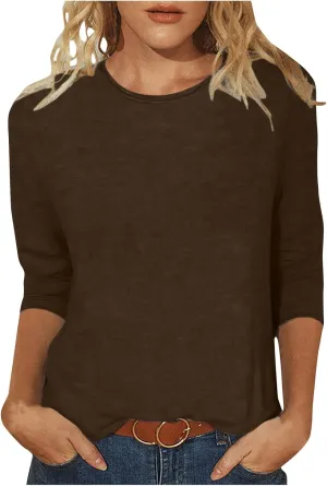 Womens 3/4 Sleeve Tops Solid Color Round Neck Shirts Loose Blouses Three Quarter Sleeve Tshirts