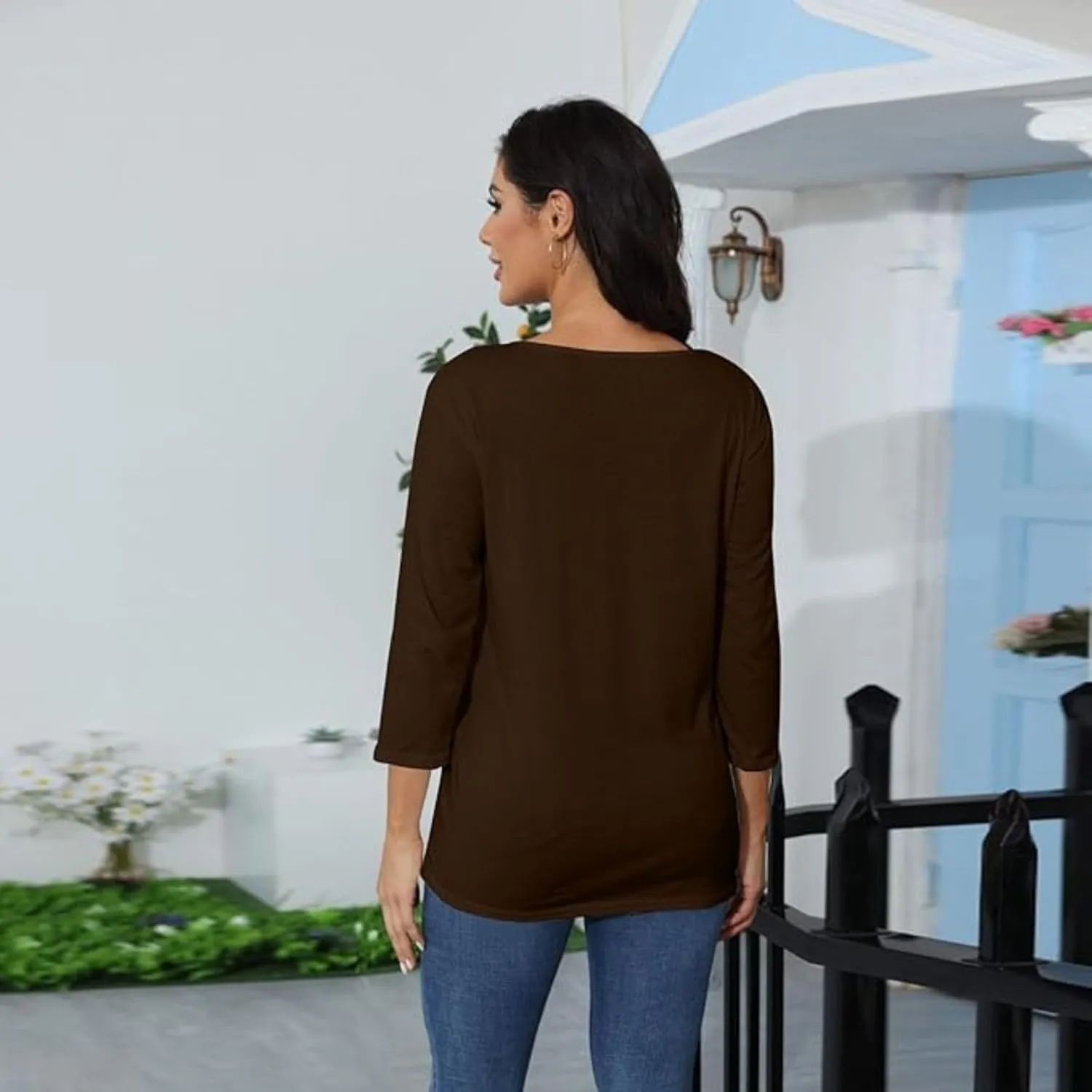 Womens 3/4 Sleeve Tops Solid Color Round Neck Shirts Loose Blouses Three Quarter Sleeve Tshirts
