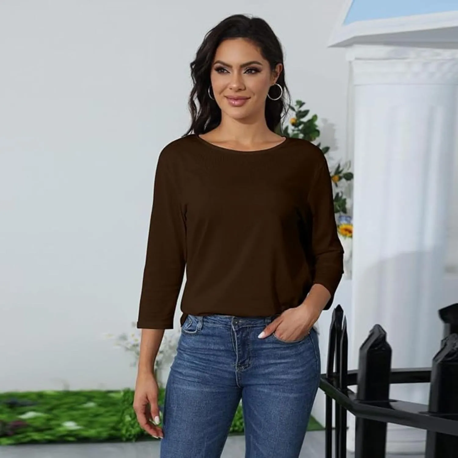 Womens 3/4 Sleeve Tops Solid Color Round Neck Shirts Loose Blouses Three Quarter Sleeve Tshirts