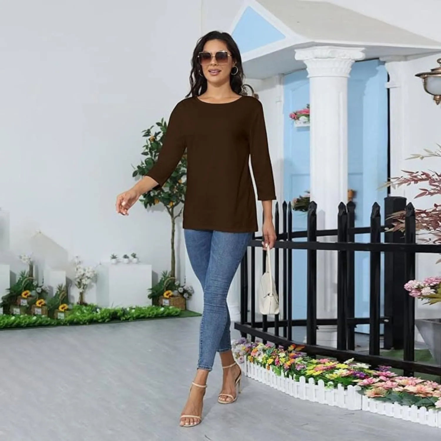 Womens 3/4 Sleeve Tops Solid Color Round Neck Shirts Loose Blouses Three Quarter Sleeve Tshirts