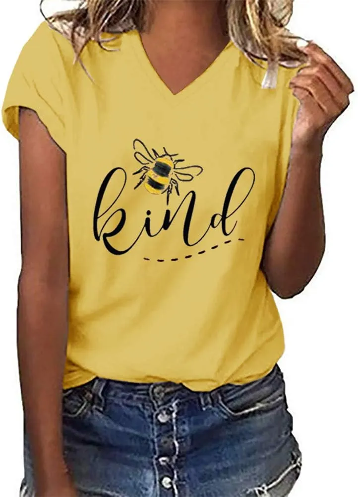 Womens Be Kind Graphic Tees V Neck Cute Printed Summer Casual T Shirts Tops