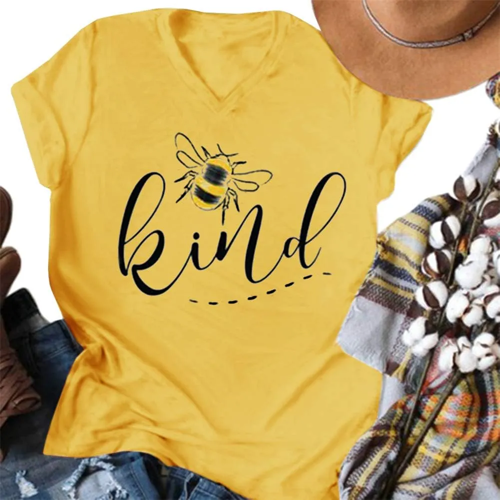 Womens Be Kind Graphic Tees V Neck Cute Printed Summer Casual T Shirts Tops