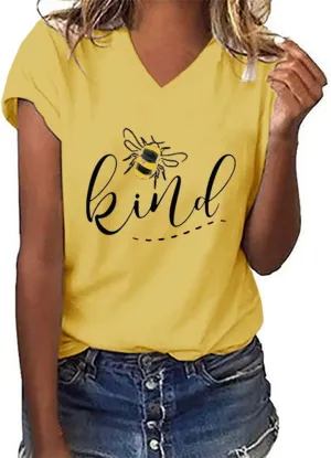 Womens Be Kind Graphic Tees V Neck Cute Printed Summer Casual T Shirts Tops