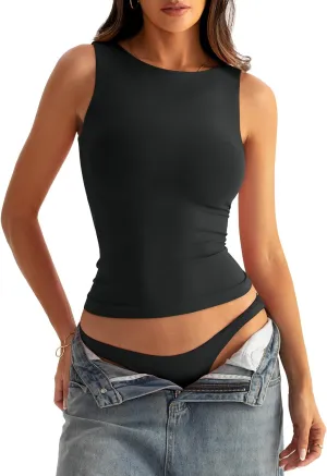 Womens Boat Neck Seamless Tank Tops Sleeveless Double Layering Shirts Basic Going Out Tops Summer Outfits