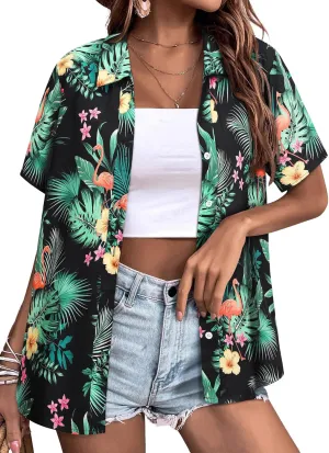 Womens Button Down Hawaiian Shirts Short Sleeve Floral Print Summer V Neck T-Shirt Casual Summer Beach Blouses Tops