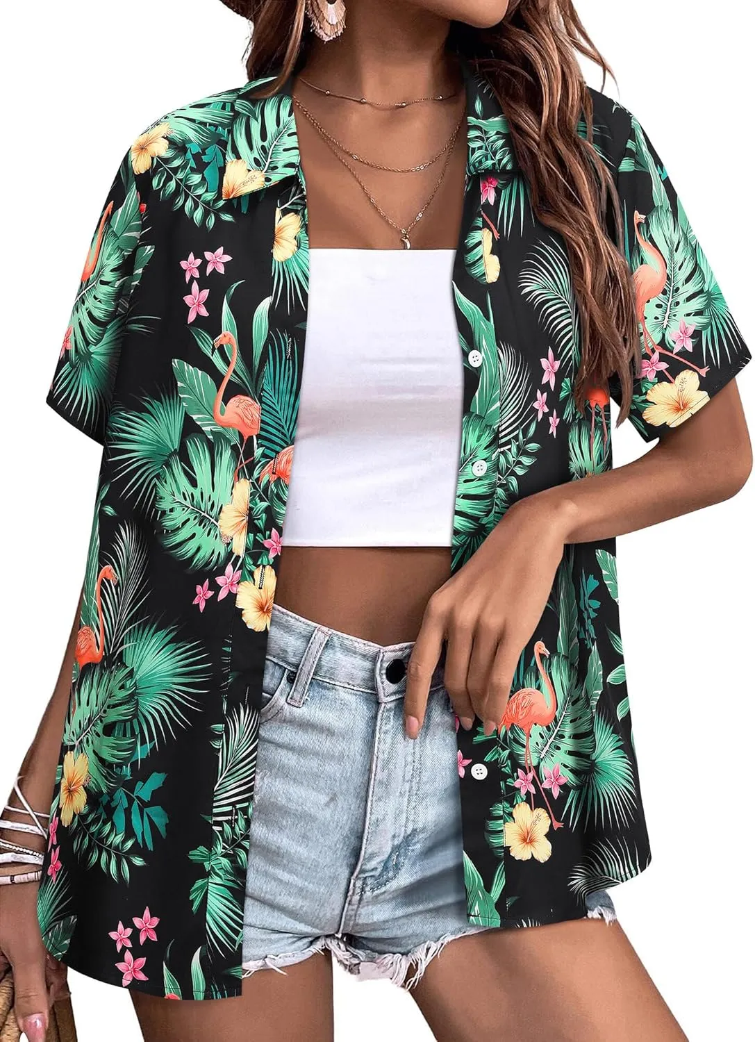 Womens Button Down Hawaiian Shirts Short Sleeve Floral Print Summer V Neck T-Shirt Casual Summer Beach Blouses Tops