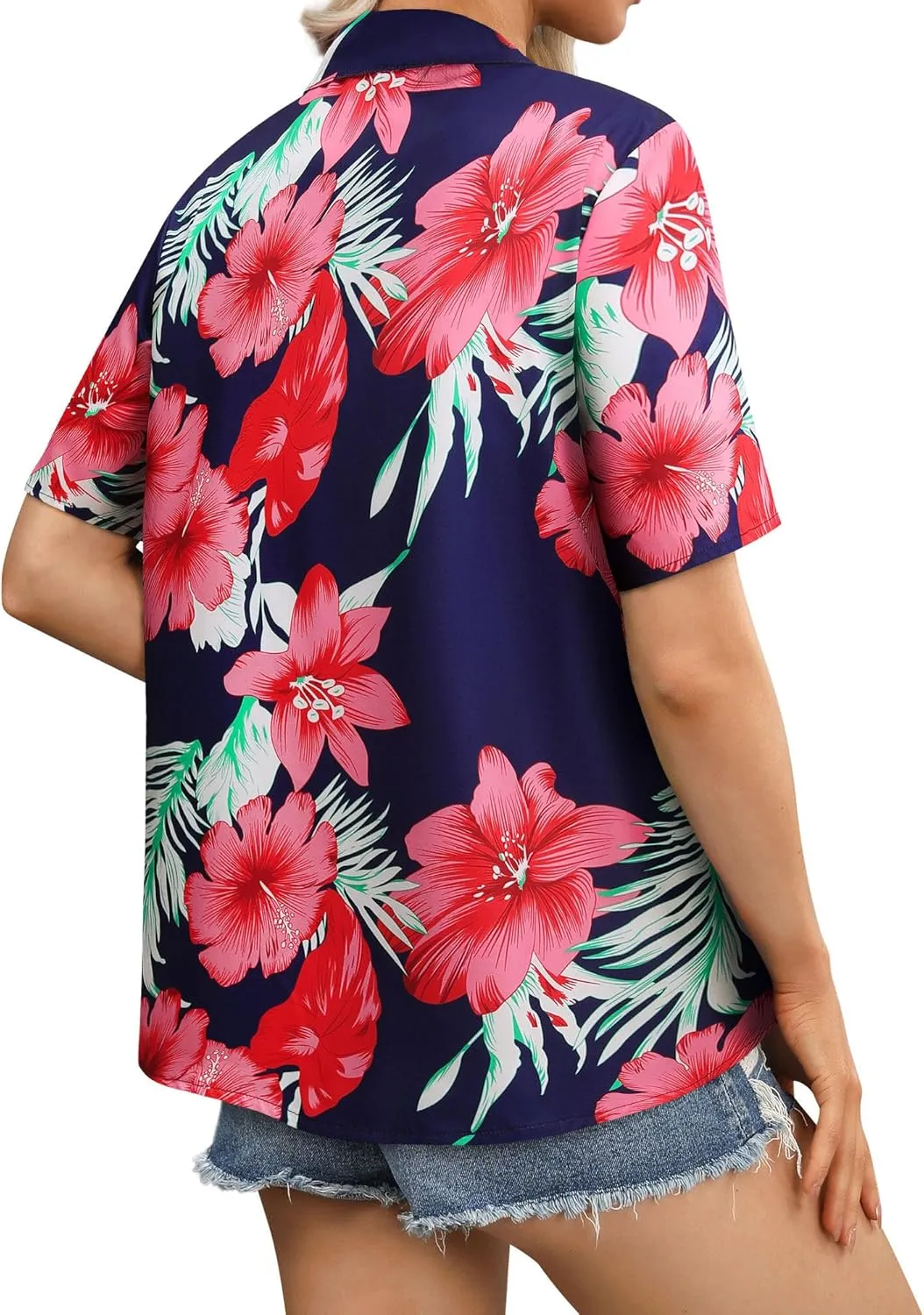 Womens Button Down Hawaiian Shirts Short Sleeve Floral Print Summer V Neck T-Shirt Casual Summer Beach Blouses Tops