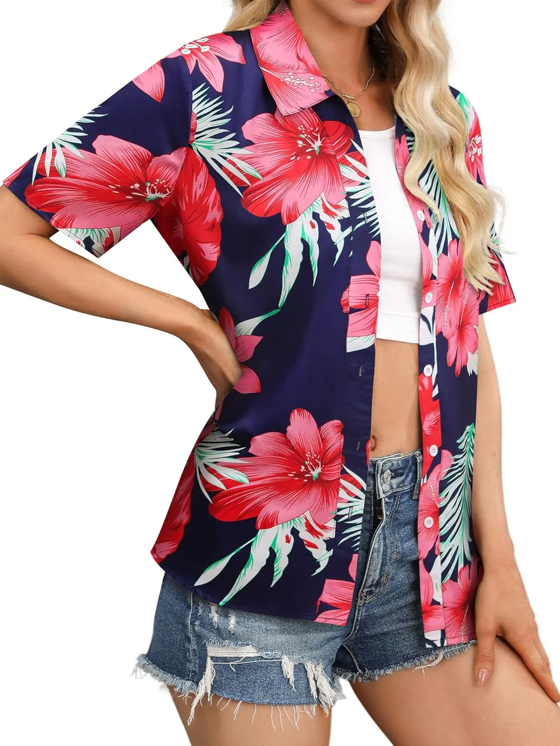 Womens Button Down Hawaiian Shirts Short Sleeve Floral Print Summer V Neck T-Shirt Casual Summer Beach Blouses Tops