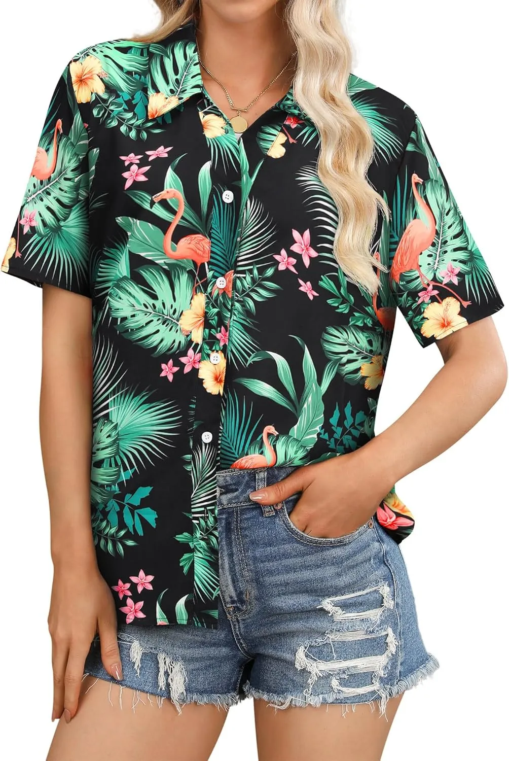 Womens Button Down Hawaiian Shirts Short Sleeve Floral Print Summer V Neck T-Shirt Casual Summer Beach Blouses Tops