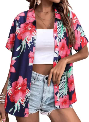 Womens Button Down Hawaiian Shirts Short Sleeve Floral Print Summer V Neck T-Shirt Casual Summer Beach Blouses Tops