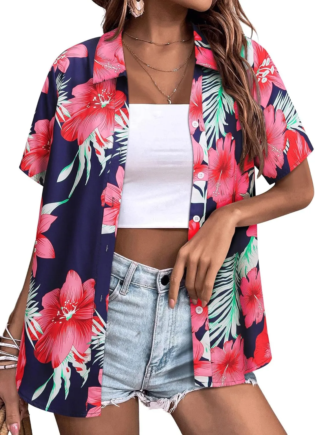 Womens Button Down Hawaiian Shirts Short Sleeve Floral Print Summer V Neck T-Shirt Casual Summer Beach Blouses Tops