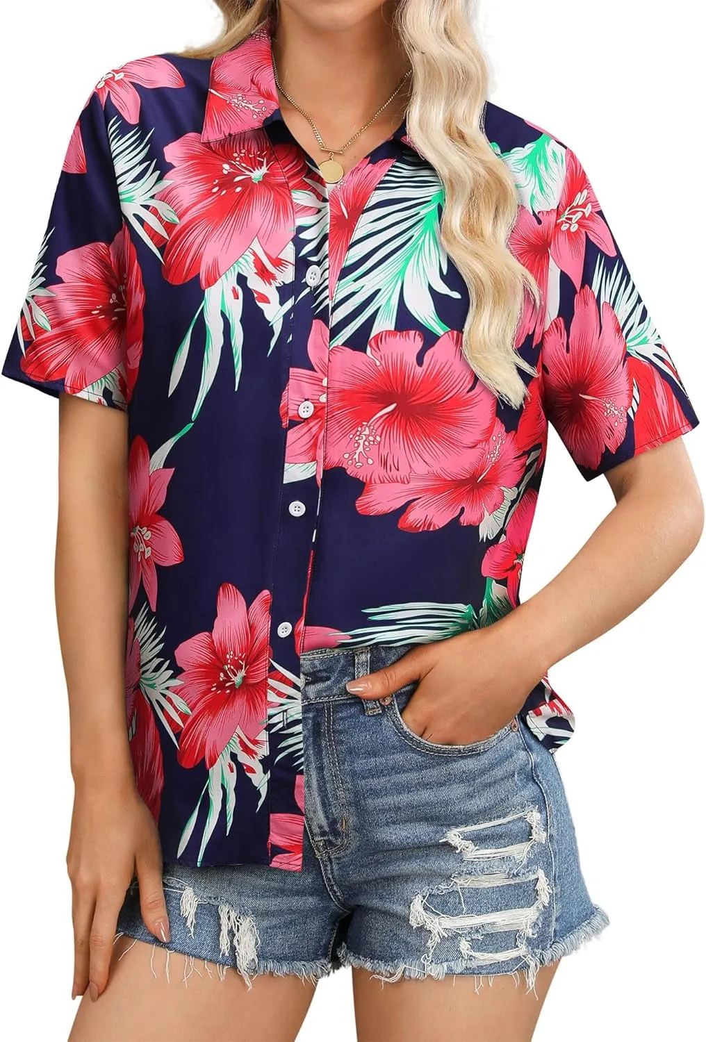 Womens Button Down Hawaiian Shirts Short Sleeve Floral Print Summer V Neck T-Shirt Casual Summer Beach Blouses Tops