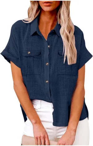 Womens Button Down Shirts Short Sleeve V Neck Casual Tunic Plain Trendy Blouses with Pockets Womens Summer Tops