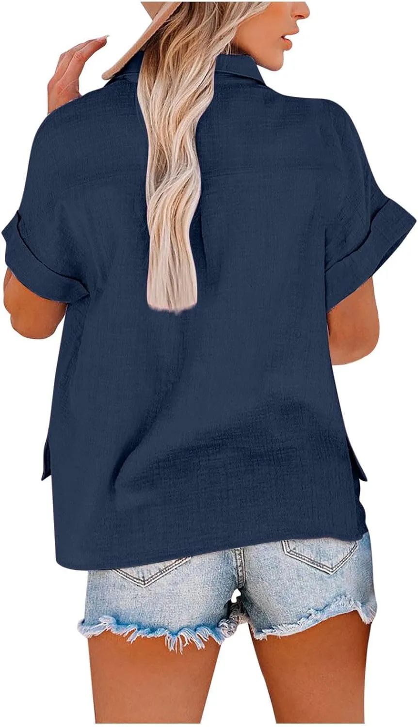 Womens Button Down Shirts Short Sleeve V Neck Casual Tunic Plain Trendy Blouses with Pockets Womens Summer Tops