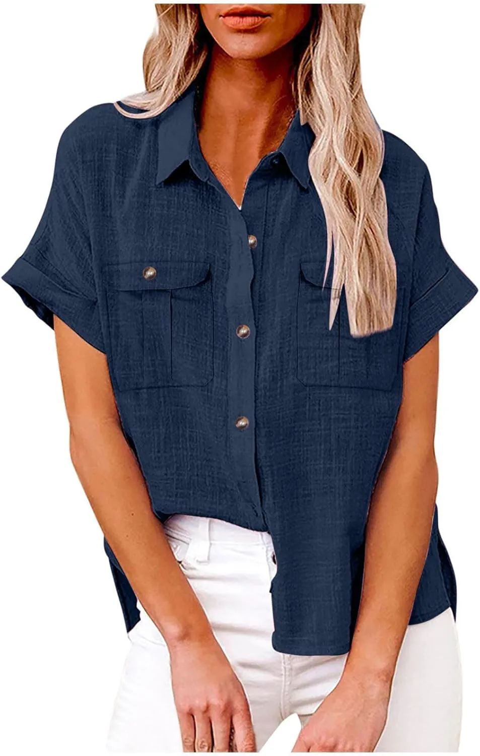 Womens Button Down Shirts Short Sleeve V Neck Casual Tunic Plain Trendy Blouses with Pockets Womens Summer Tops