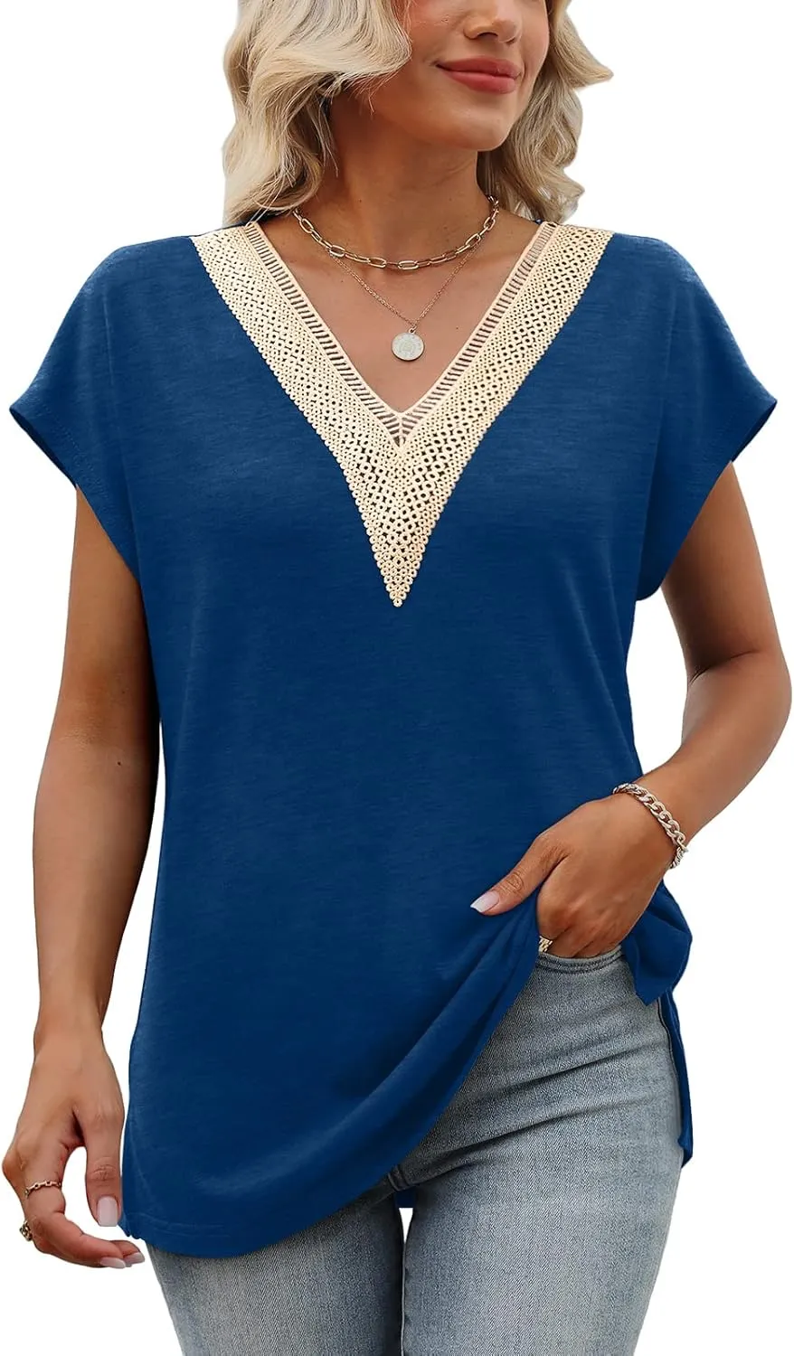 Womens Cap Sleeve Summer Tops 2025 Trendy Tank Tops Lace V Neck Loose Fit Shirts