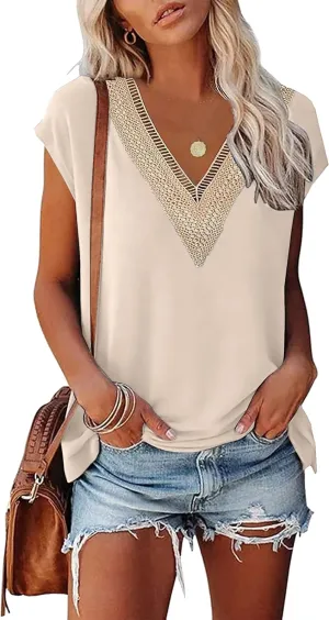 Womens Cap Sleeve Summer Tops 2025 Trendy Tank Tops Lace V Neck Loose Fit Shirts