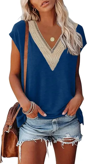 Womens Cap Sleeve Summer Tops 2025 Trendy Tank Tops Lace V Neck Loose Fit Shirts