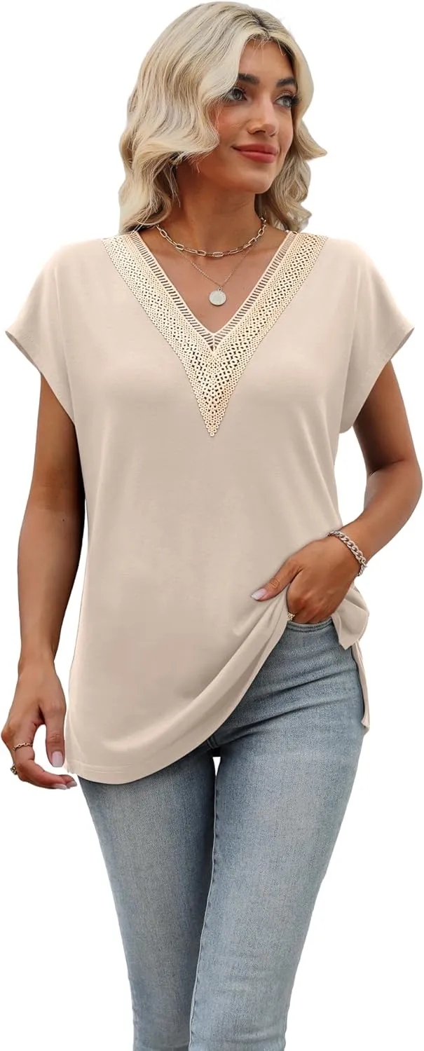 Womens Cap Sleeve Summer Tops 2025 Trendy Tank Tops Lace V Neck Loose Fit Shirts