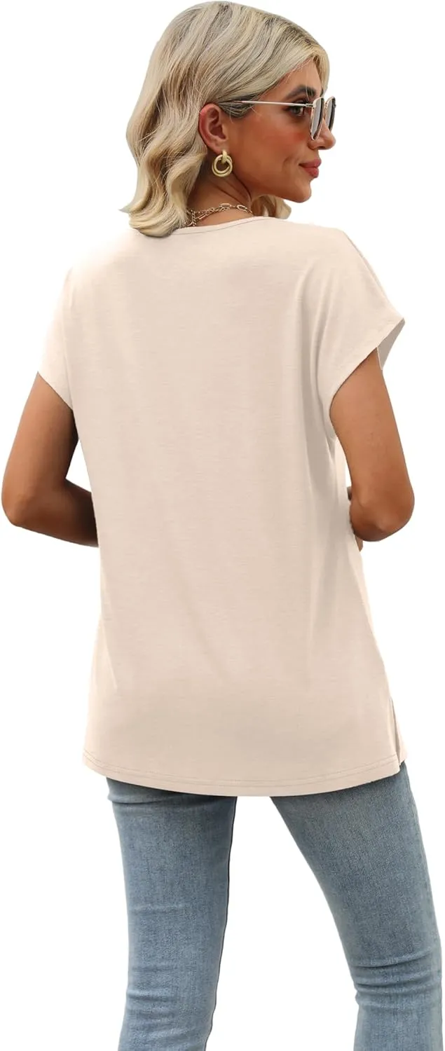 Womens Cap Sleeve Summer Tops 2025 Trendy Tank Tops Lace V Neck Loose Fit Shirts