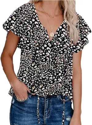 Womens Casual Boho Floral V Neckline Tops Drawstring Ruffles Short Sleeve T-Shirt Loose Summer Blouses