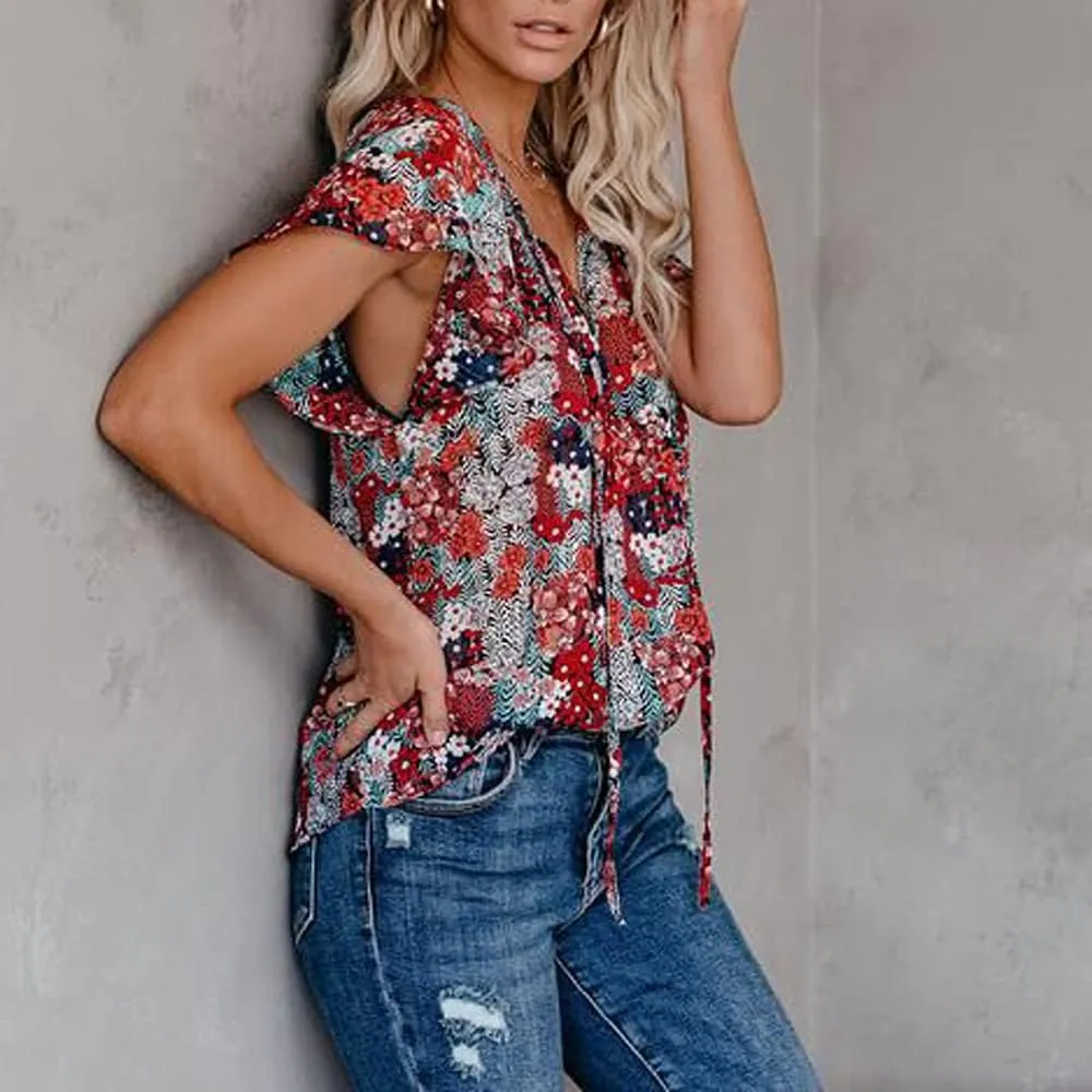 Womens Casual Boho Floral V Neckline Tops Drawstring Ruffles Short Sleeve T-Shirt Loose Summer Blouses