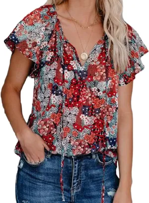 Womens Casual Boho Floral V Neckline Tops Drawstring Ruffles Short Sleeve T-Shirt Loose Summer Blouses