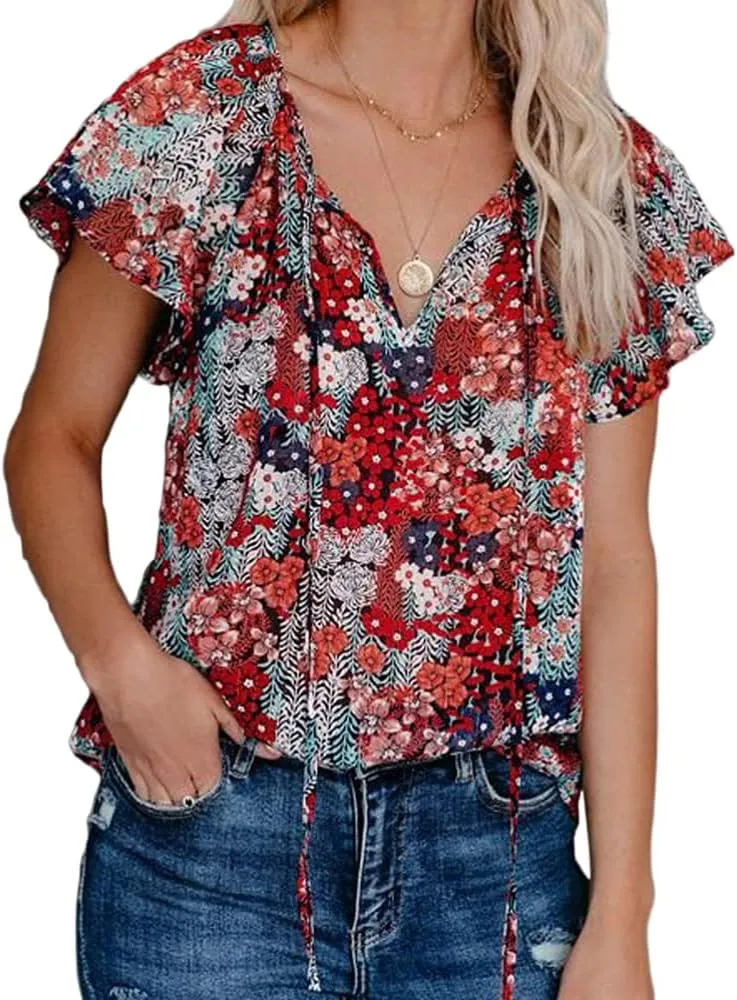 Womens Casual Boho Floral V Neckline Tops Drawstring Ruffles Short Sleeve T-Shirt Loose Summer Blouses