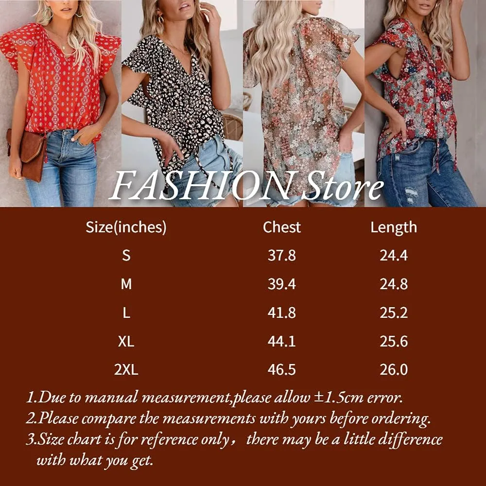 Womens Casual Boho Floral V Neckline Tops Drawstring Ruffles Short Sleeve T-Shirt Loose Summer Blouses