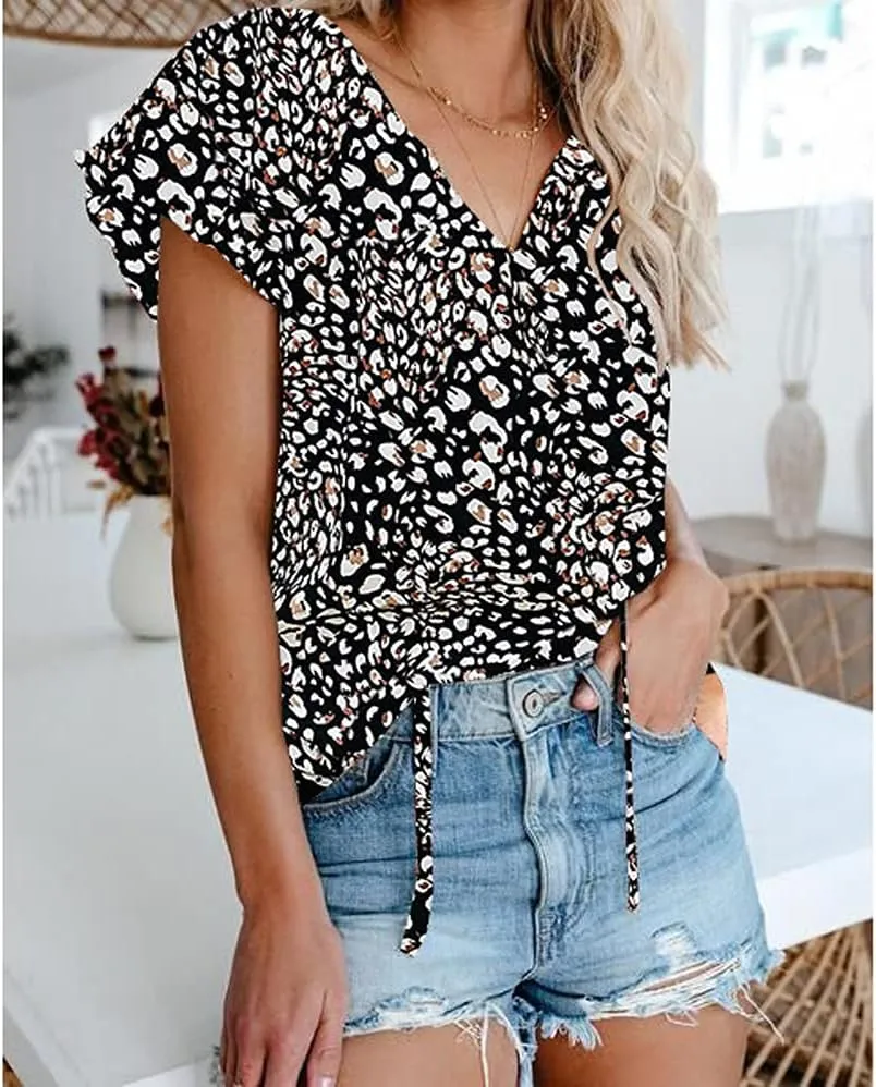Womens Casual Boho Floral V Neckline Tops Drawstring Ruffles Short Sleeve T-Shirt Loose Summer Blouses