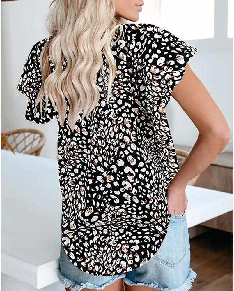 Womens Casual Boho Floral V Neckline Tops Drawstring Ruffles Short Sleeve T-Shirt Loose Summer Blouses