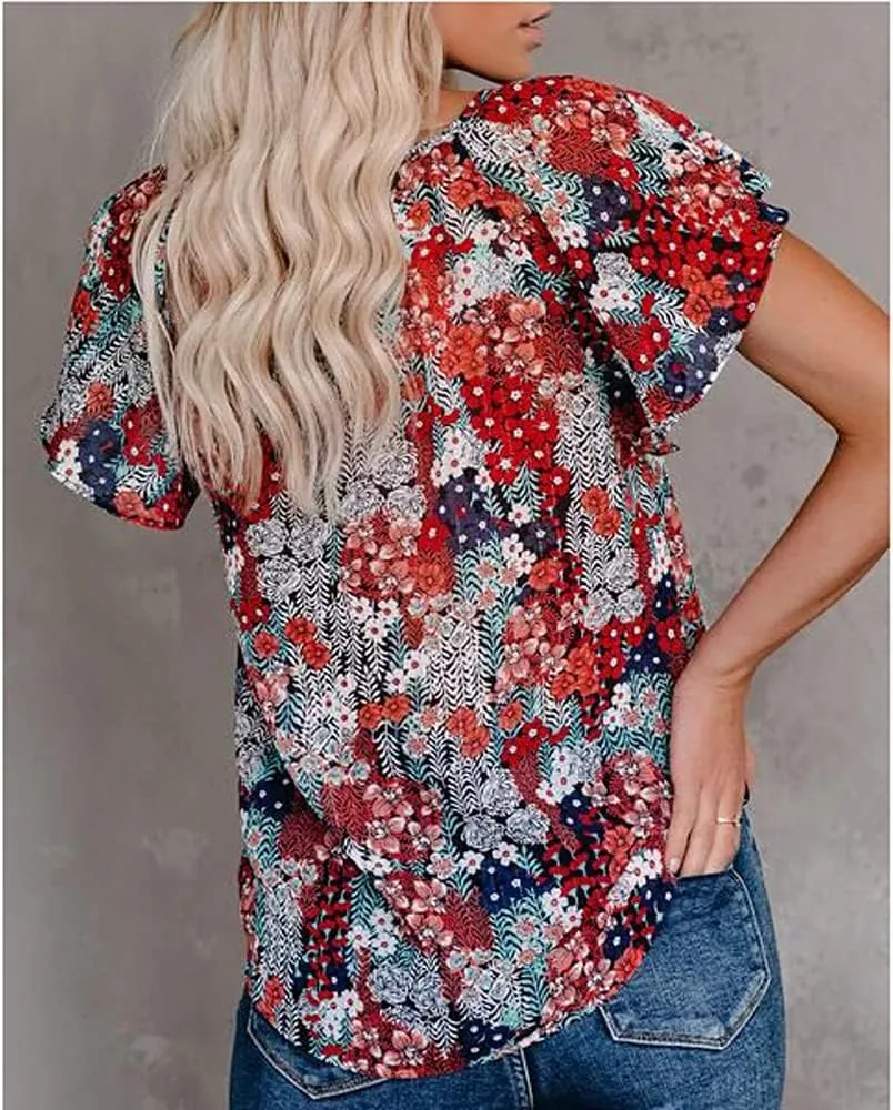 Womens Casual Boho Floral V Neckline Tops Drawstring Ruffles Short Sleeve T-Shirt Loose Summer Blouses
