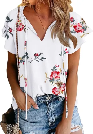 Women's Casual Floral Ruffle Short Sleeve Tops Cute Boho V Neck Loose Blouses Summer Fall Shirts