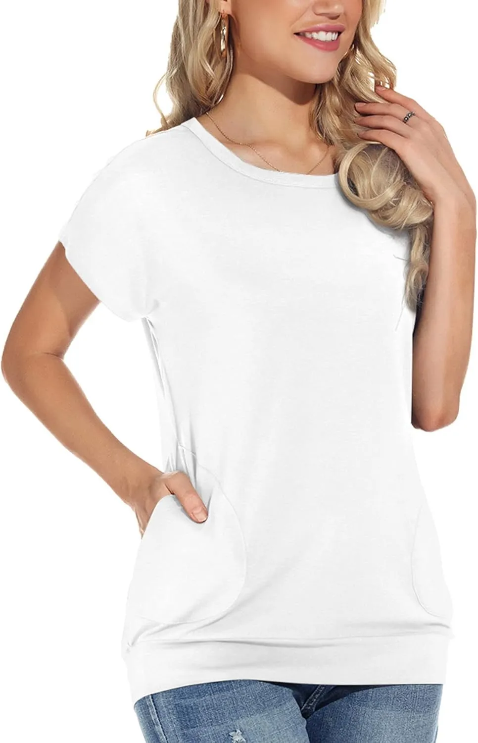 Womens Casual Summer T Shirts Crew Neck Short Sleeve Tunic Tops Loose Fit Blouses with Pockets