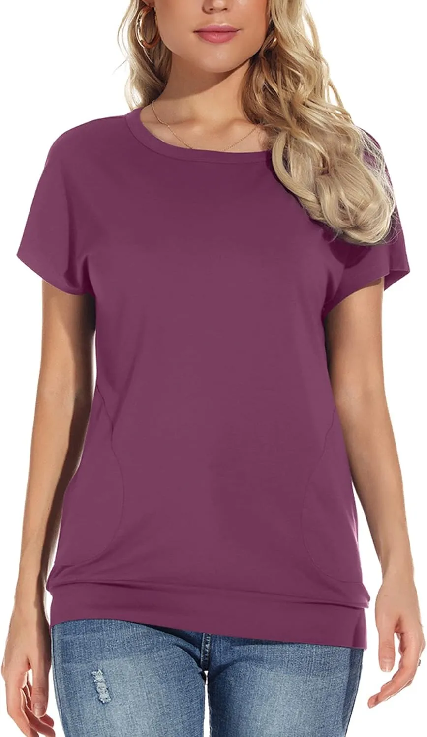 Womens Casual Summer T Shirts Crew Neck Short Sleeve Tunic Tops Loose Fit Blouses with Pockets