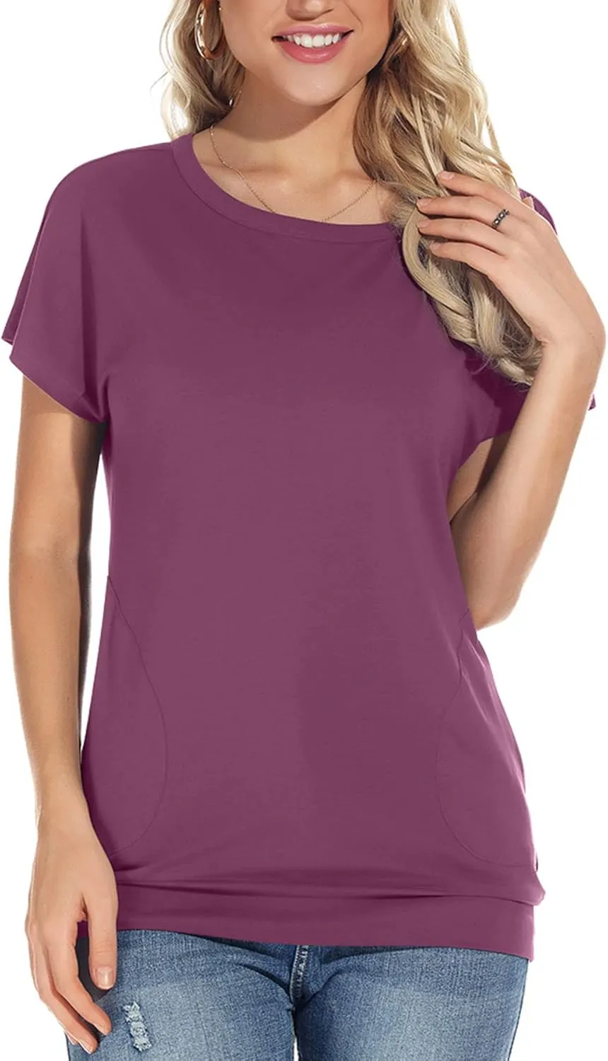Womens Casual Summer T Shirts Crew Neck Short Sleeve Tunic Tops Loose Fit Blouses with Pockets