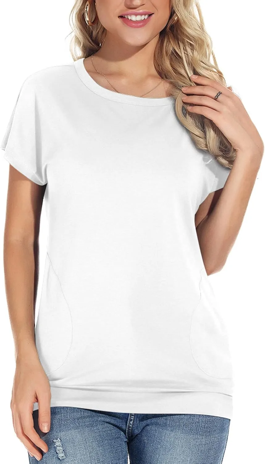 Womens Casual Summer T Shirts Crew Neck Short Sleeve Tunic Tops Loose Fit Blouses with Pockets