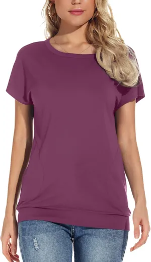 Womens Casual Summer T Shirts Crew Neck Short Sleeve Tunic Tops Loose Fit Blouses with Pockets