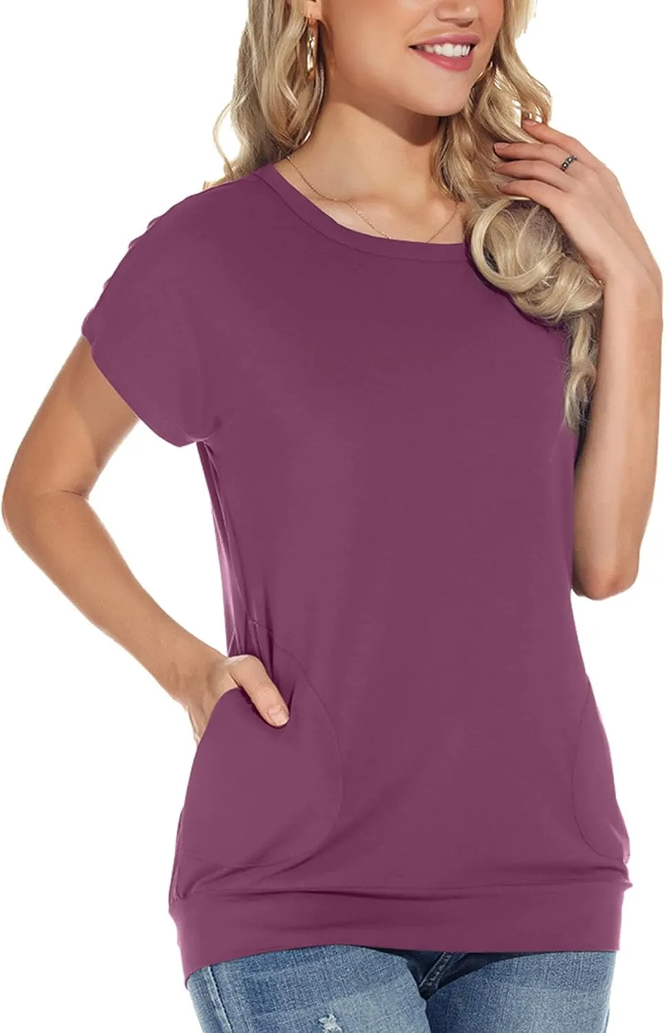 Womens Casual Summer T Shirts Crew Neck Short Sleeve Tunic Tops Loose Fit Blouses with Pockets