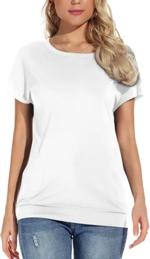 Womens Casual Summer T Shirts Crew Neck Short Sleeve Tunic Tops Loose Fit Blouses with Pockets