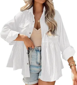 Womens Corduroy Peplum Shirts Tops Cute Long Sleeve Button Down Blouses with Pockets