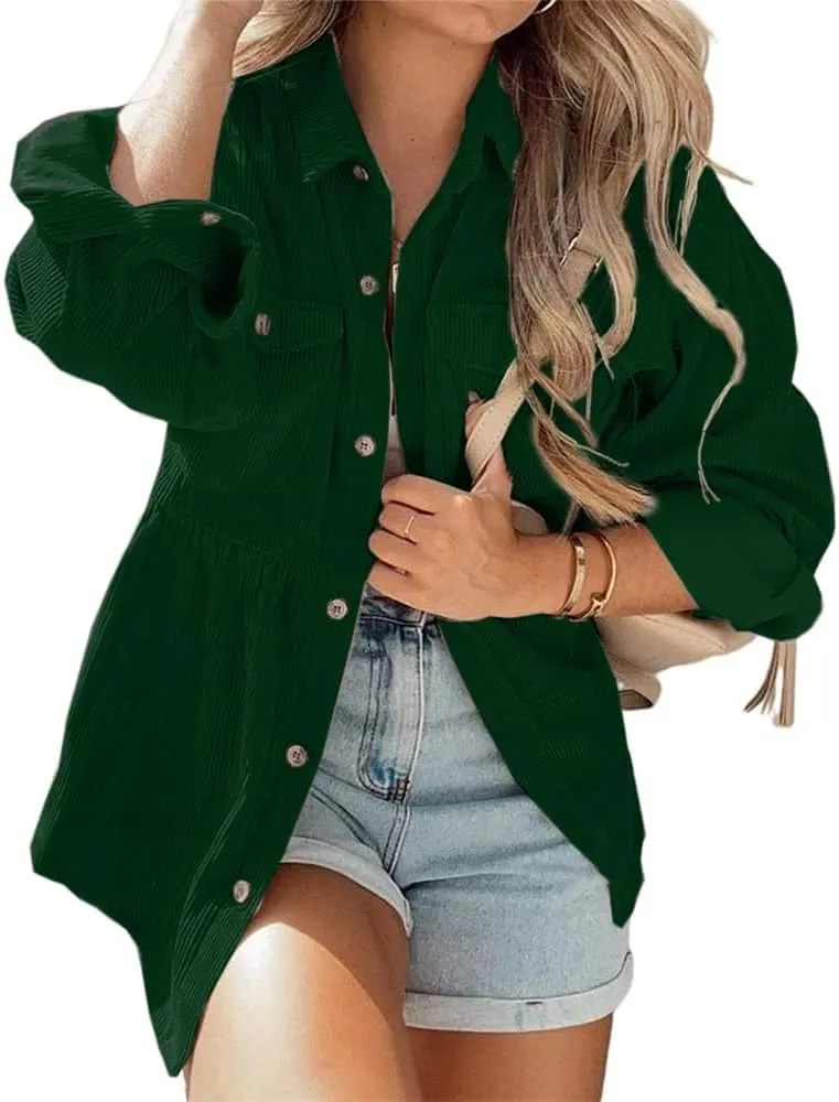 Womens Corduroy Peplum Shirts Tops Cute Long Sleeve Button Down Blouses with Pockets