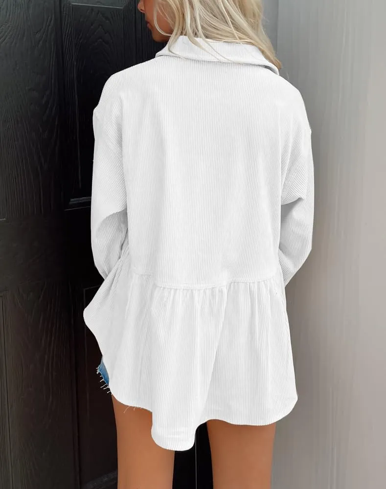 Womens Corduroy Peplum Shirts Tops Cute Long Sleeve Button Down Blouses with Pockets