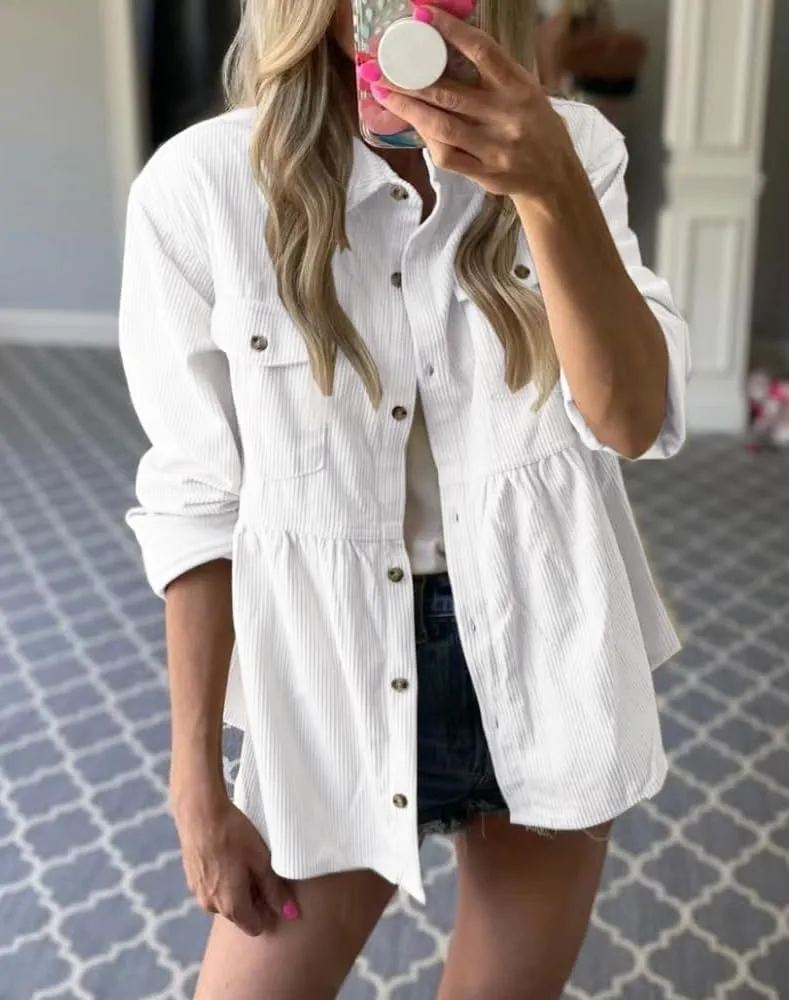Womens Corduroy Peplum Shirts Tops Cute Long Sleeve Button Down Blouses with Pockets