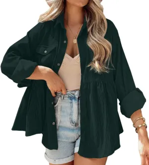 Womens Corduroy Peplum Shirts Tops Cute Long Sleeve Button Down Blouses with Pockets