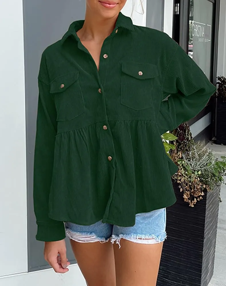 Womens Corduroy Peplum Shirts Tops Cute Long Sleeve Button Down Blouses with Pockets