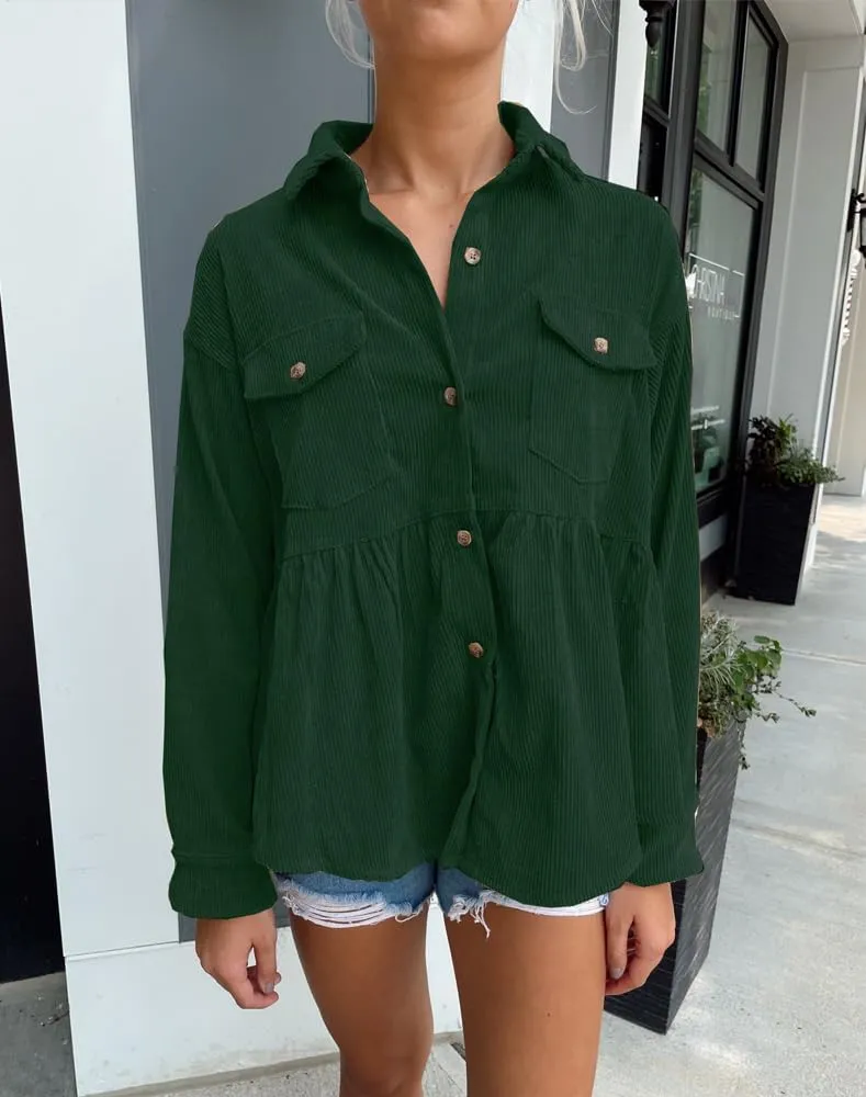 Womens Corduroy Peplum Shirts Tops Cute Long Sleeve Button Down Blouses with Pockets