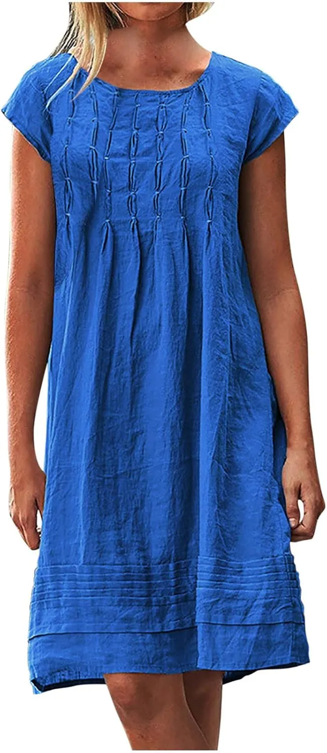Women's Cotton Linen Midi Dress Plus Size Cap Sleeve Pleated Summer Dresses Vacation 2025 Crew Neck Casual Dress